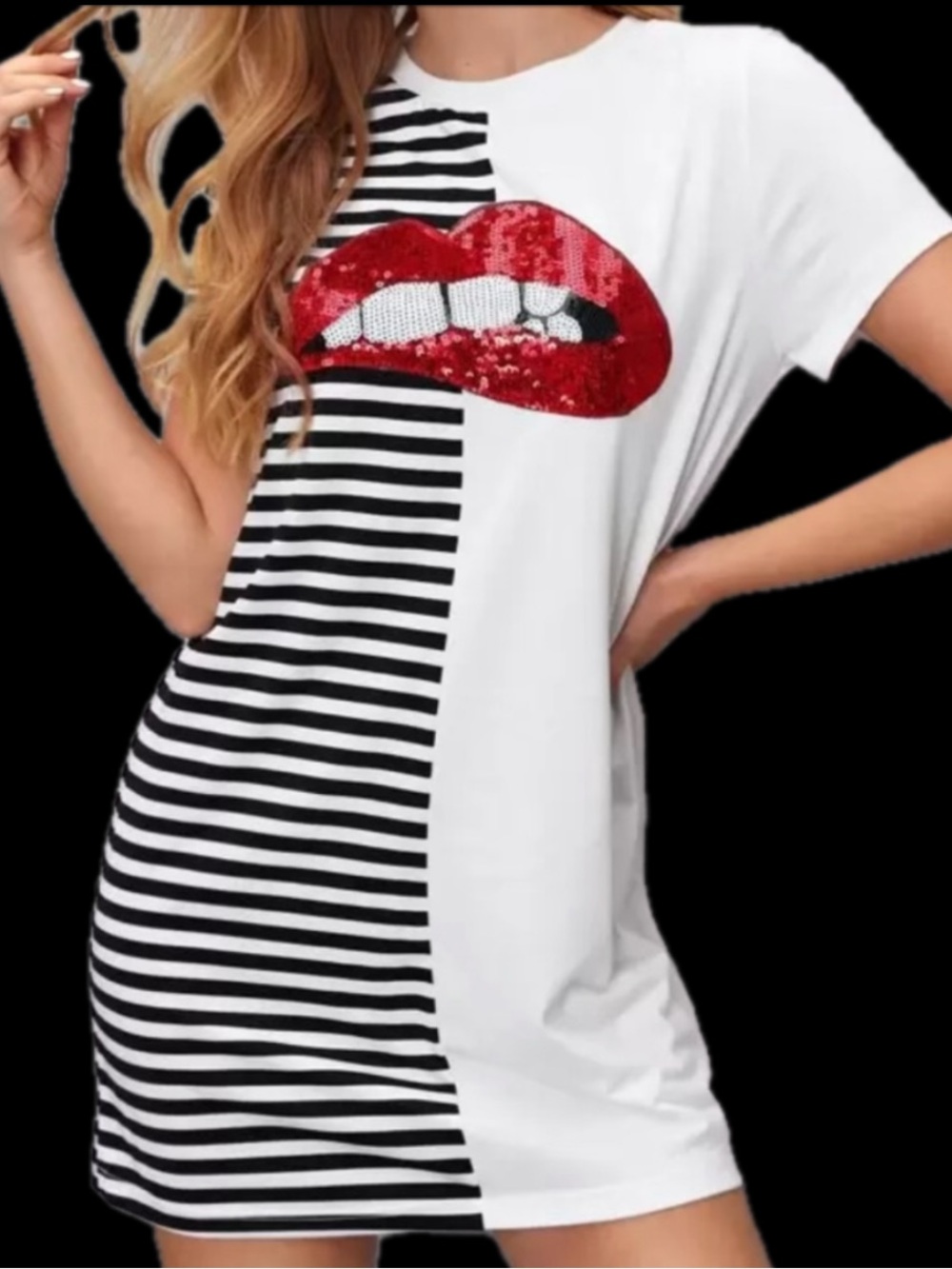 Ladies black T-shirt mini short dress lips Tee Red white sequin kiss SHEIN